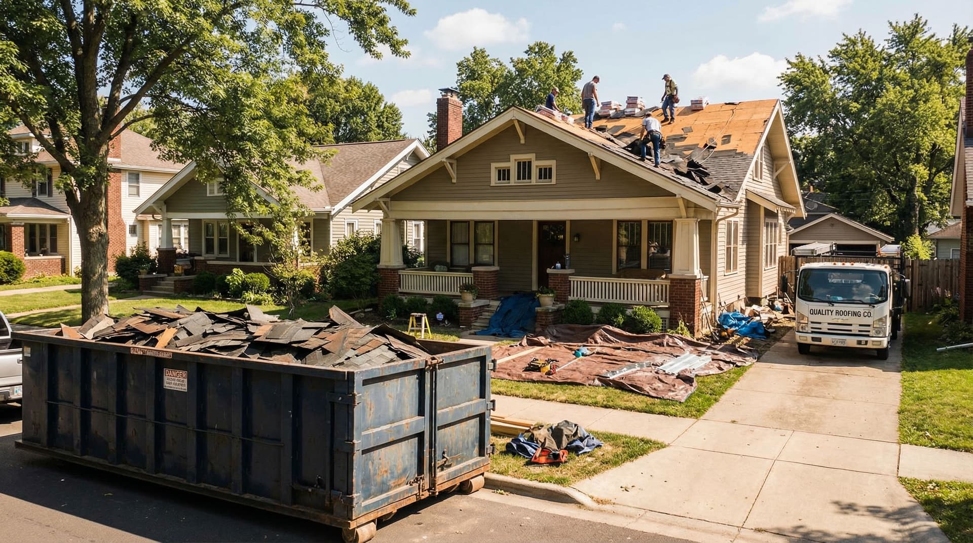 Dumpster filled with old roofing shingles during residential roof replacement