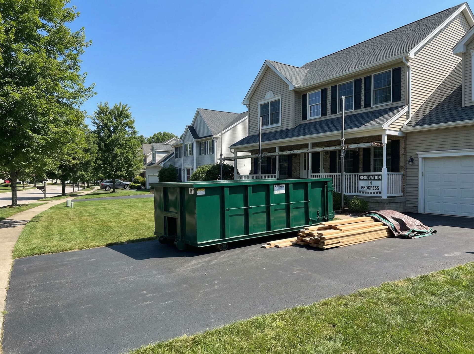 Residential roll-off dumpster rental in a suburban driveway